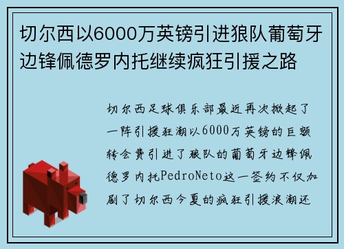切尔西以6000万英镑引进狼队葡萄牙边锋佩德罗内托继续疯狂引援之路 切尔西以6000万英镑引进狼队葡萄牙边锋佩德罗内托继续疯狂引援之路